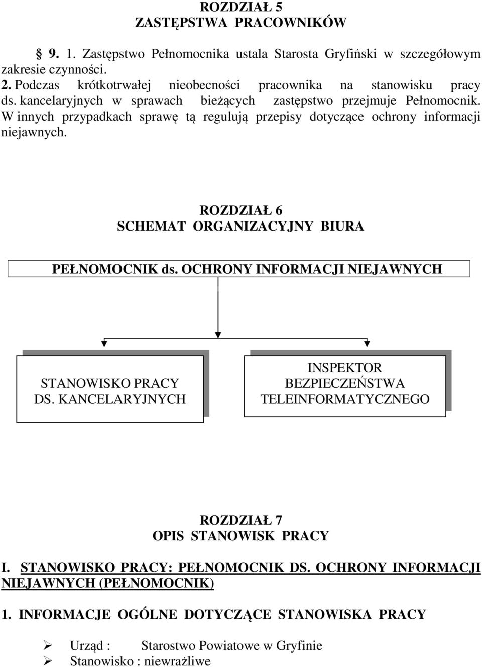 W innych przypadkach sprawę tą regulują przepisy dotyczące ochrony informacji niejawnych. ROZDZIAŁ 6 SCHEMAT ORGANIZACYJNY BIURA PEŁNOMOCNIK ds.