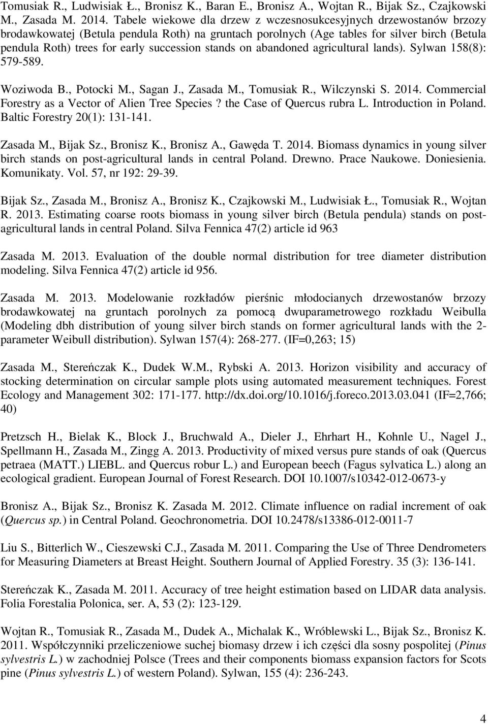 succession stands on abandoned agricultural lands). Sylwan 158(8): 579-589. Woziwoda B., Potocki M., Sagan J., Zasada M., Tomusiak R., Wilczynski S. 2014.