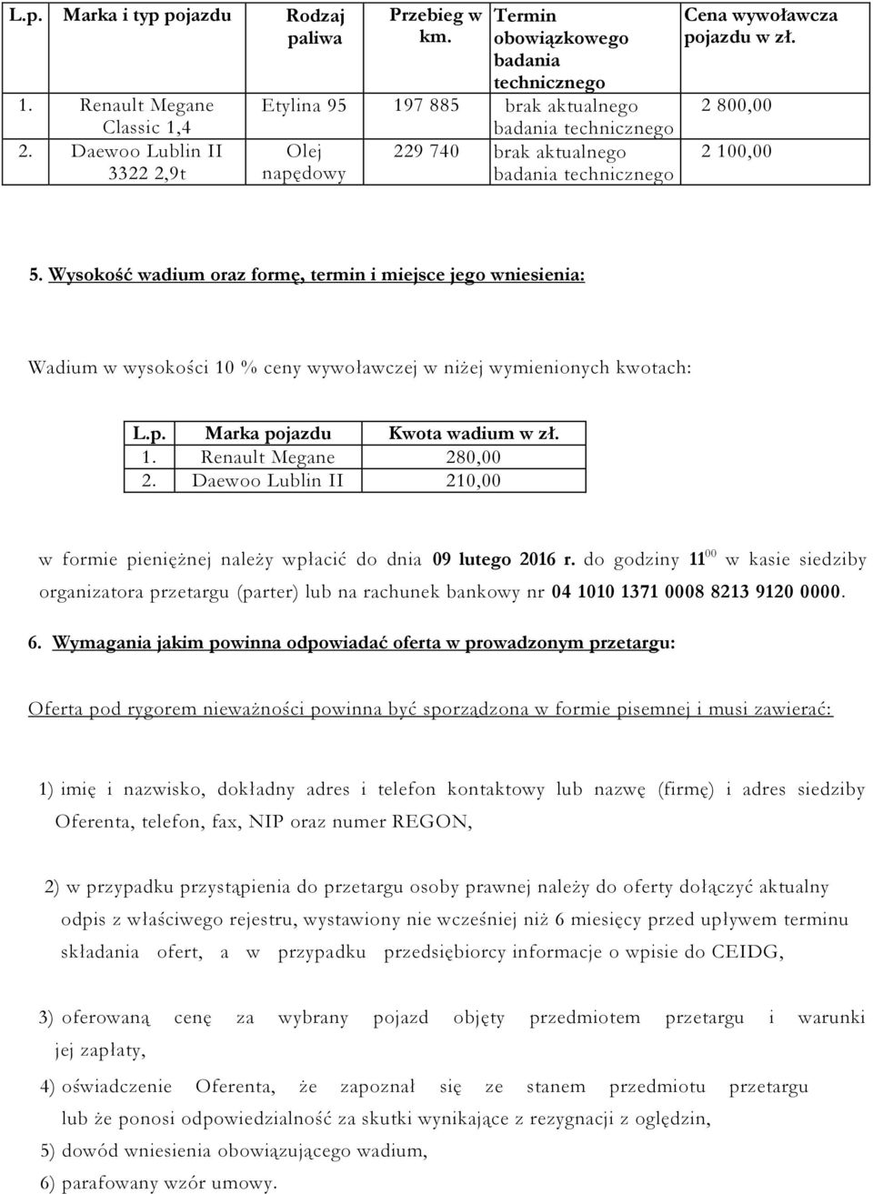 2 800,00 2 100,00 5. Wysokość wadium oraz formę, termin i miejsce jego wniesienia: Wadium w wysokości 10 % ceny wywoławczej w niżej wymienionych kwotach: L.p. Marka pojazdu Kwota wadium w zł. 1. Renault Megane 280,00 2.