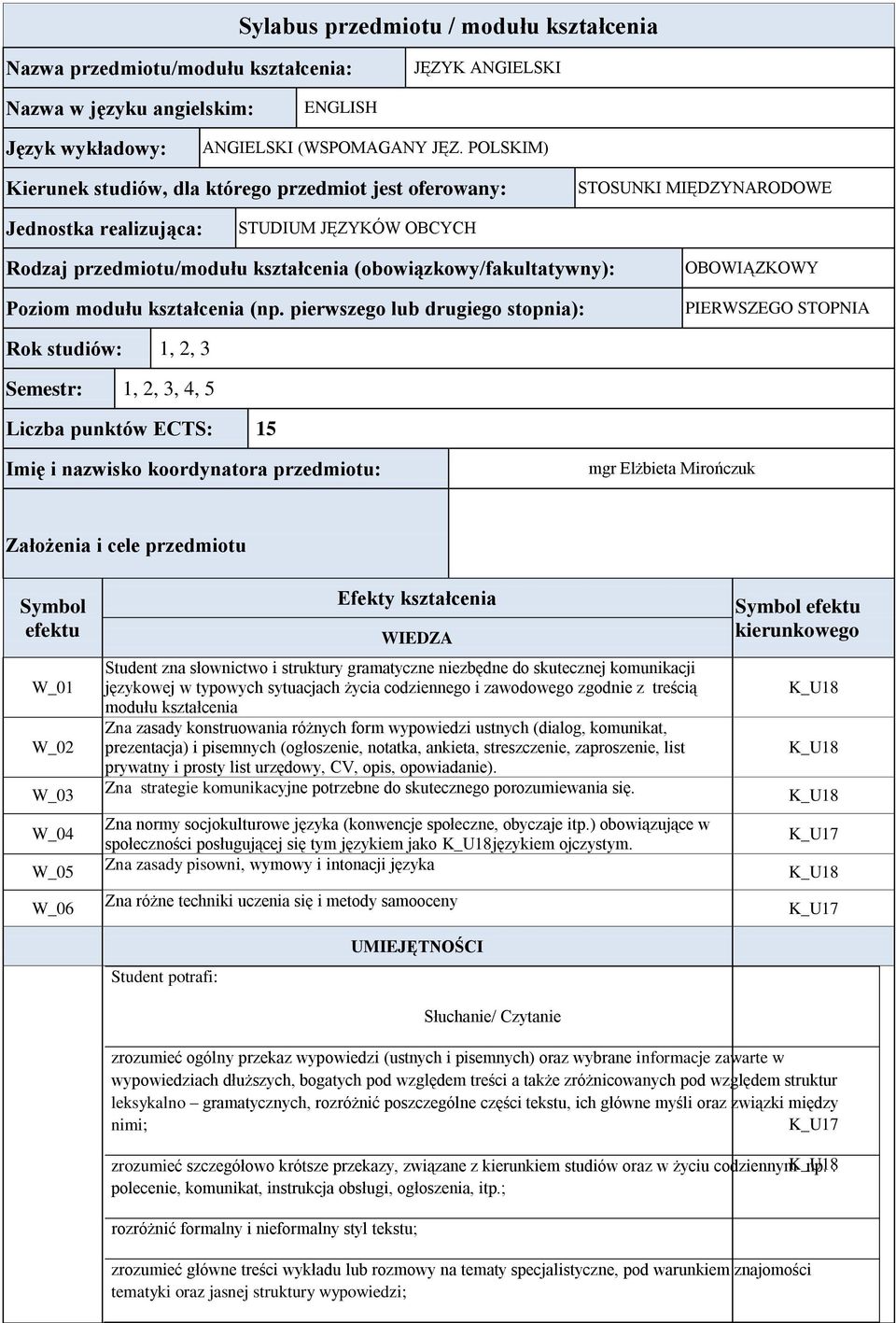 Poziom modułu kształcenia (np.