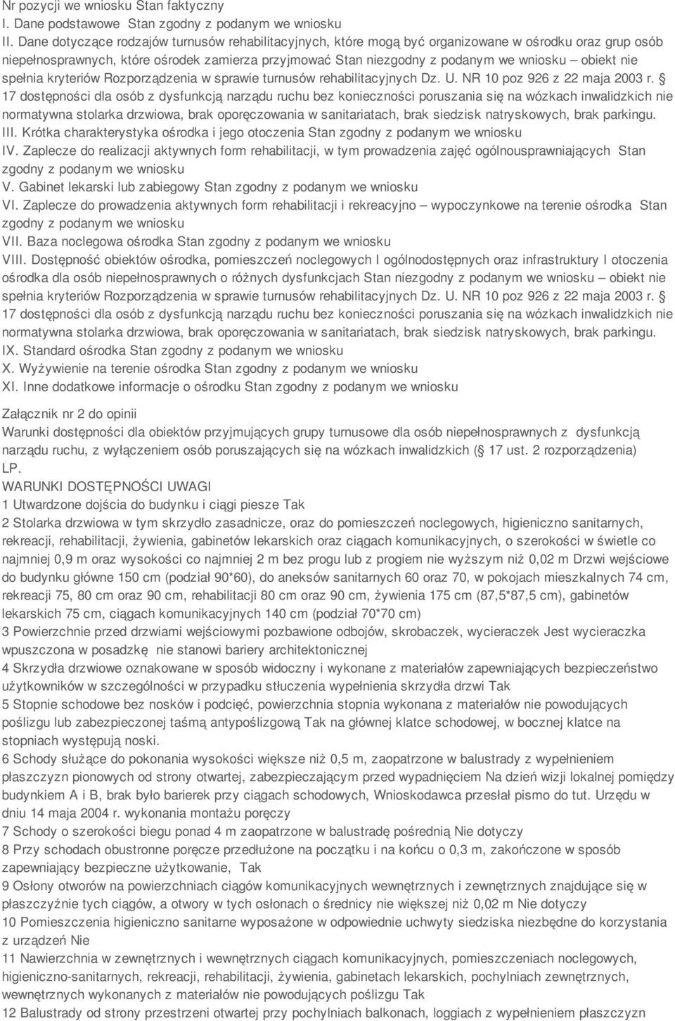 obiekt nie spełnia kryteriów Rozporządzenia w sprawie turnusów rehabilitacyjnych Dz. U. NR 10 poz 926 z 22 maja 2003 r.