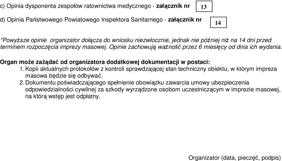 Organ może zażądać od organizatora dodatkowej dokumentacji w postaci: 1.