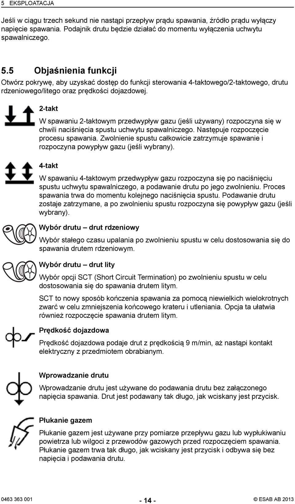 2-takt W spawaniu 2-taktowym przedwypływ gazu (jeśli używany) rozpoczyna się w chwili naciśnięcia spustu uchwytu spawalniczego. Następuje rozpoczęcie procesu spawania.