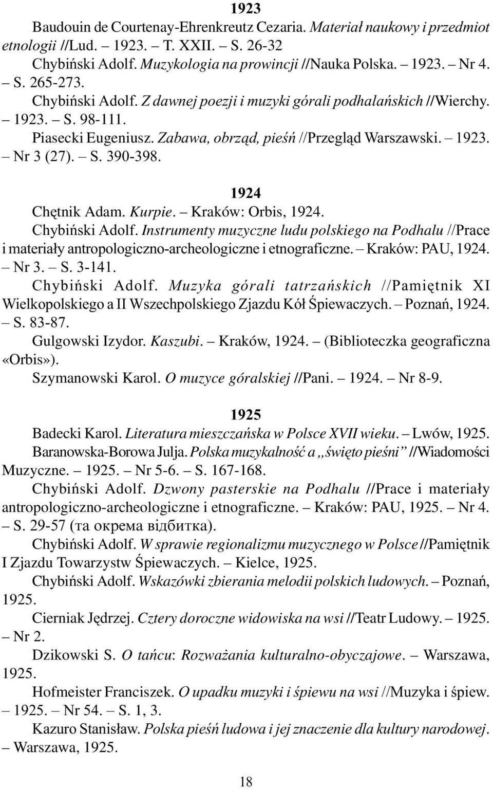 1924 Chêtnik Adam. Kurpie. Kraków: Orbis, 1924. Chybiñski Adolf. Instrumenty muzyczne ludu polskiego na Podhalu //Prace i materia³y antropologiczno-archeologiczne i etnograficzne. Kraków: PAU, 1924.