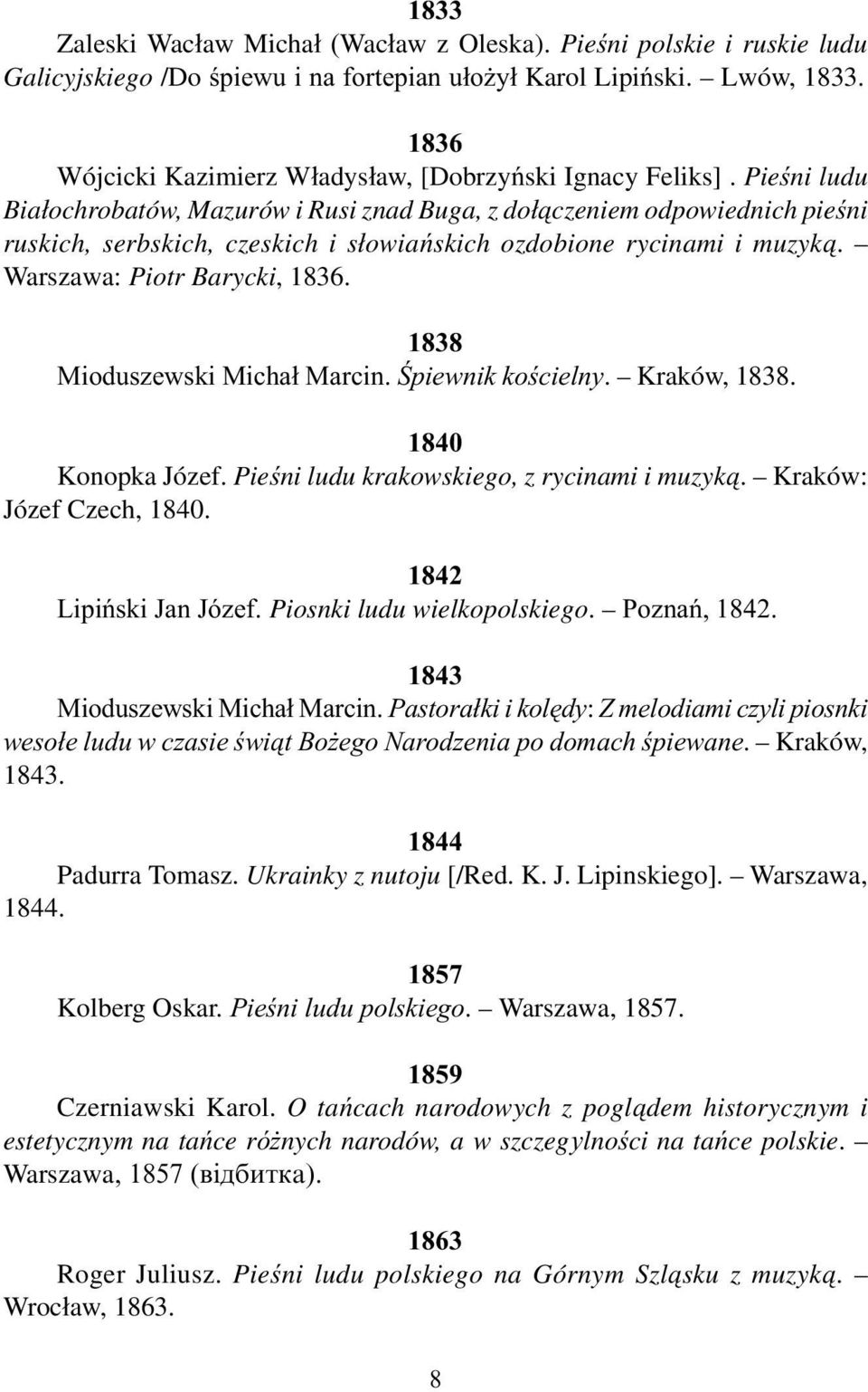 Pieœni ludu Bia³ochrobatów, Mazurów i Rusi znad Buga, z do³¹czeniem odpowiednich pieœni ruskich, serbskich, czeskich i s³owiañskich ozdobione rycinami i muzyk¹. Warszawa: Piotr Barycki, 1836.