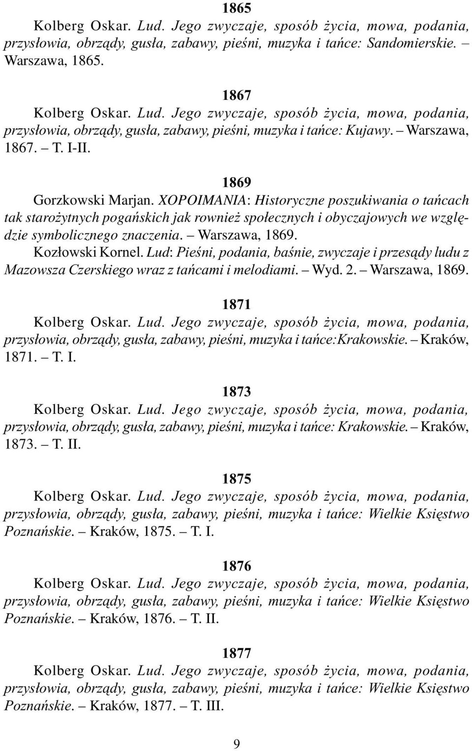 Warszawa, 1869. Koz³owski Kornel. Lud: Pieœni, podania, baœnie, zwyczaje i przes¹dy ludu z Mazowsza Czerskiego wraz z tañcami i melodiami. Wyd. 2. Warszawa, 1869. 1871 Kolberg Oskar. Lud. Jego zwyczaje, sposób ycia, mowa, podania, przys³owia, obrz¹dy, gus³a, zabawy, pieœni, muzyka i tañce:krakowskie.