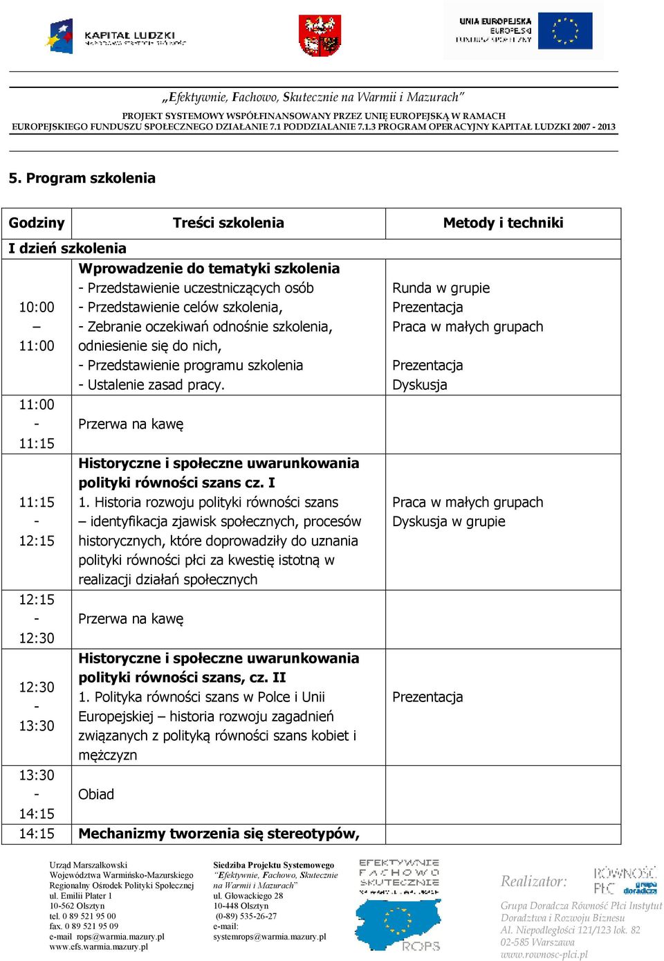 szkolenia, odniesienie się do nich, Przedstawienie programu szkolenia Ustalenie zasad pracy. Historyczne i społeczne uwarunkowania polityki równości szans cz. I 1.