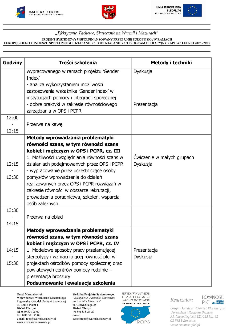 3 PROGRAM OPERACYJNY KAPITAŁ LUDZKI 2007 2013 12:00 14:15 14:15 15:30 wypracowanego w ramach projektu Gender Index analiza wykorzystaniem możliwości zastosowania wskaźnika Gender index w instytucjach