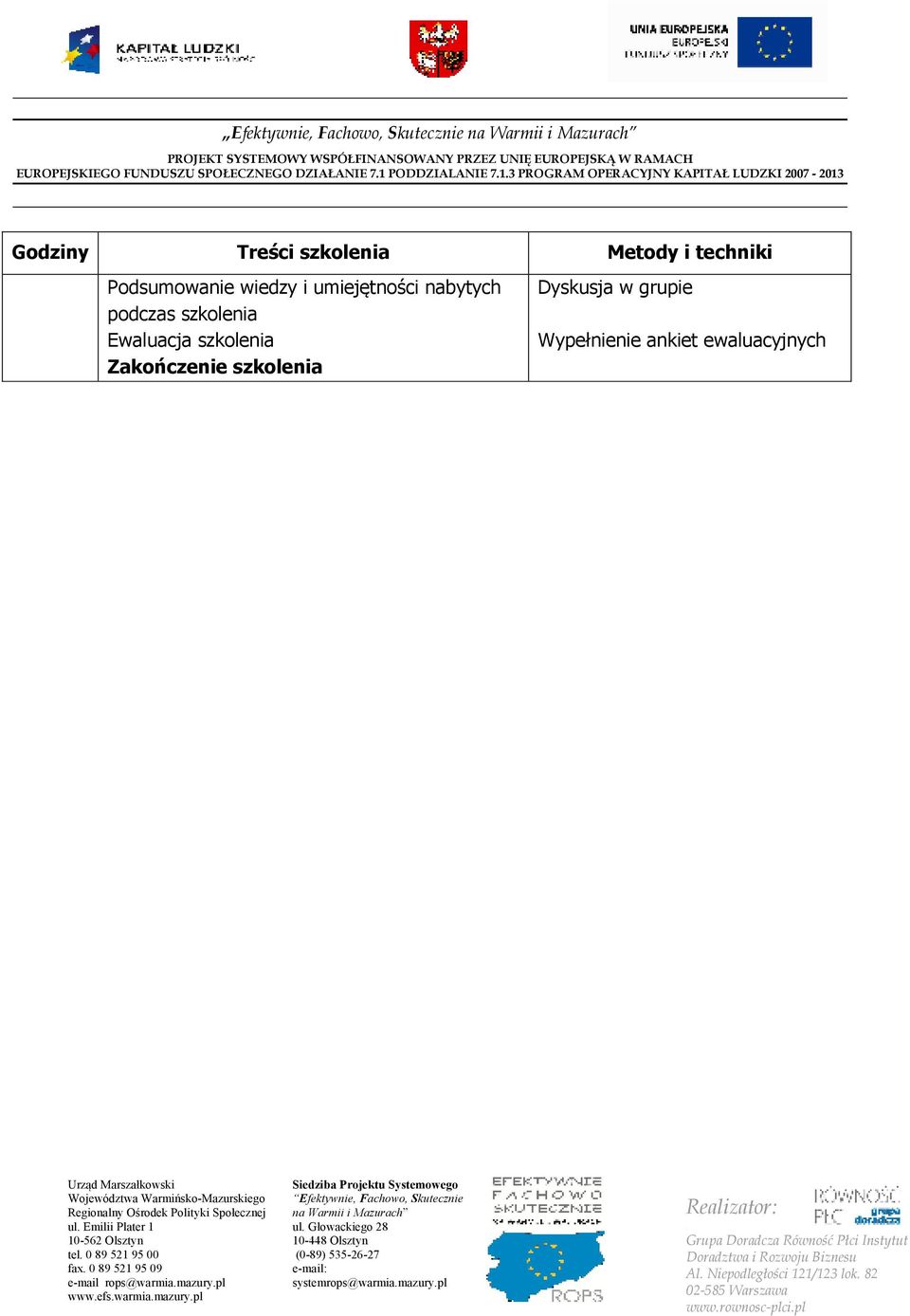 3 PROGRAM OPERACYJNY KAPITAŁ LUDZKI 2007 2013 Podsumowanie wiedzy i umiejętności nabytych podczas szkolenia