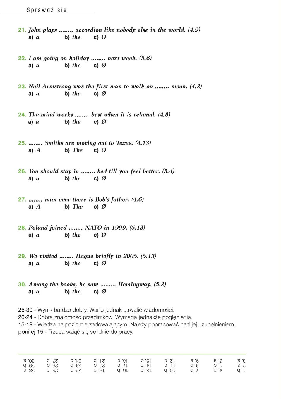 .. man over there is Bob s father. (4.6) a) A b) The c) Ø 28. Poland joined.. NATO in 1999. (5.13) 29. We visited.. Hague briefly in 2005. (5.13) 30. Among the books, he saw Hemingway. (5.2) 25-30 - Wynik bardzo dobry.