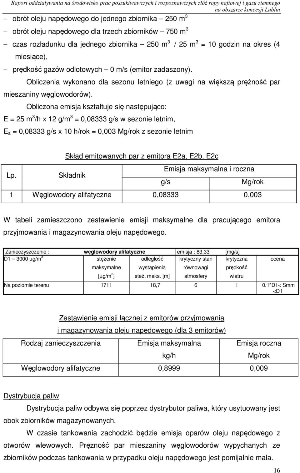 Obliczona emisja kształtuje się następująco: E = 25 m 3 /h x 12 g/m 3 =,8333 g/s w sezonie letnim, E a =,8333 g/s x 1 h/rok = 3 Mg/rok z sezonie letnim Skład emitowanych par z emitora E2a, E2b, E2c