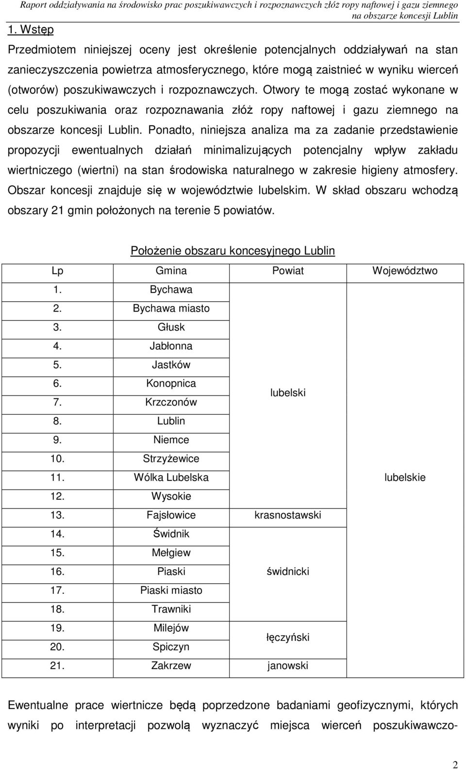 Ponadto, niniejsza analiza ma za zadanie przedstawienie propozycji ewentualnych działań minimalizujących potencjalny wpływ zakładu wiertniczego (wiertni) na stan środowiska naturalnego w zakresie