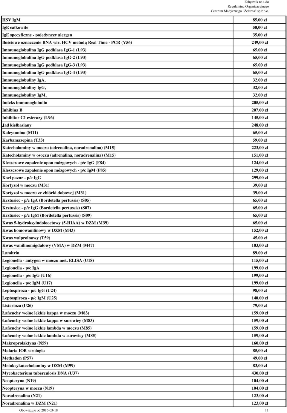 Immunoglobuliny IgA, Immunoglobuliny IgG, Immunoglobuliny IgM, Indeks immunoglobulin Inhibina B Inhibitor C1 esterazy (L96) Jad kiełbasiany Kalcytonina (M11) Karbamazepina (T33) Katecholaminy w moczu