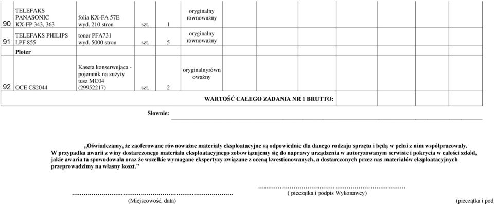 2 Słownie: równ WARTOŚĆ CAŁEGO ZADANIA NR 1 BRUTTO: Oświadczamy, że zaoferowane równoważne materiały eksploatacyjne są odpowiednie dla danego rodzaju sprzętu i będą w pełni z nim współpracowały.