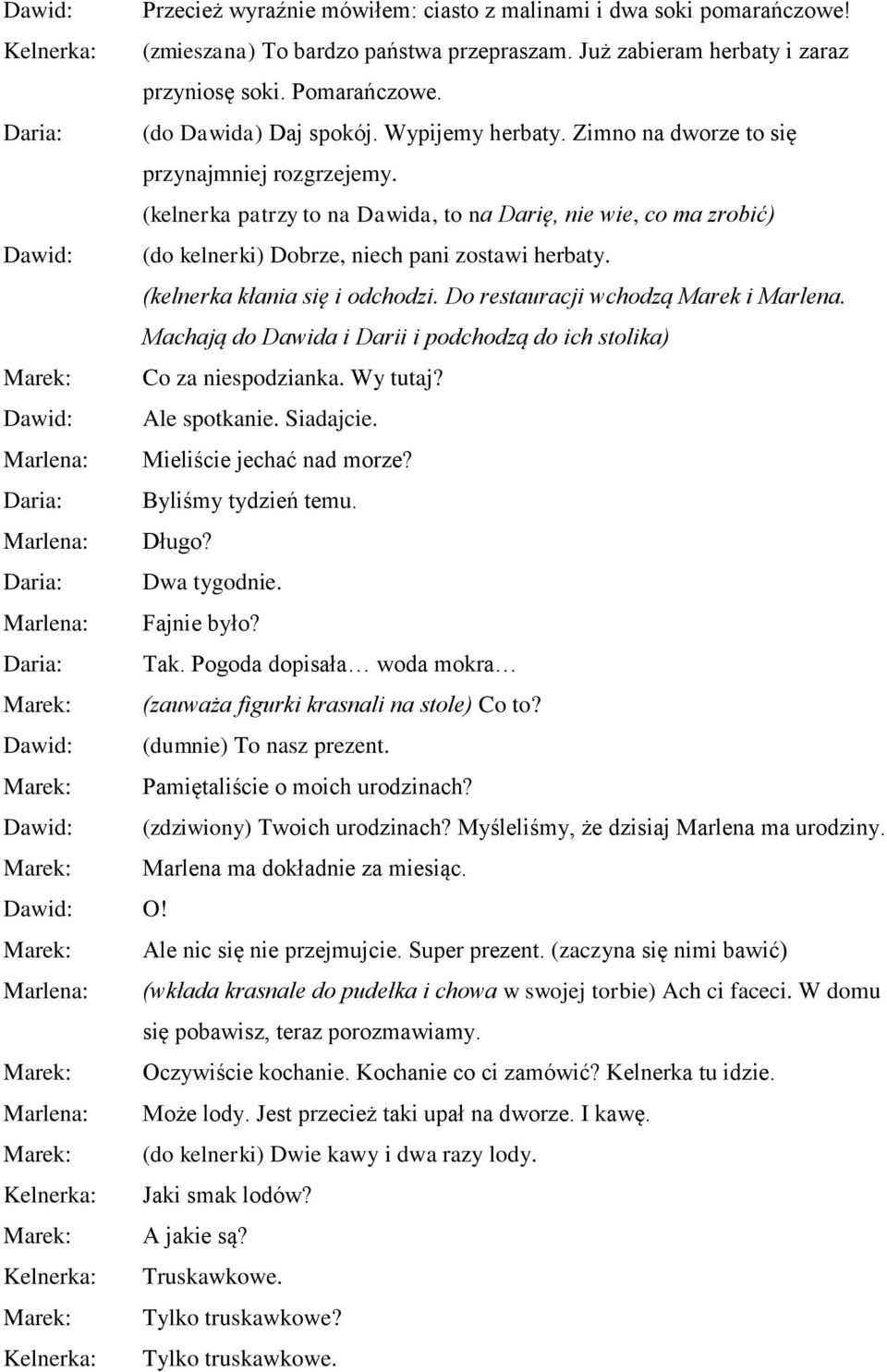 (kelnerka kłania się i odchodzi. Do restauracji wchodzą Marek i Marlena. Machają do Dawida i Darii i podchodzą do ich stolika) Co za niespodzianka. Wy tutaj? Ale spotkanie. Siadajcie.