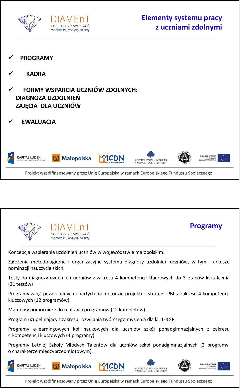 Testy do diagnozy uzdolnień uczniów z zakresu 4 kompetencji kluczowych do 3 etapów kształcenia (21 testów) Programy zajęć pozaszkolnych opartych na metodzie projektu i strategii PBL z zakresu 4