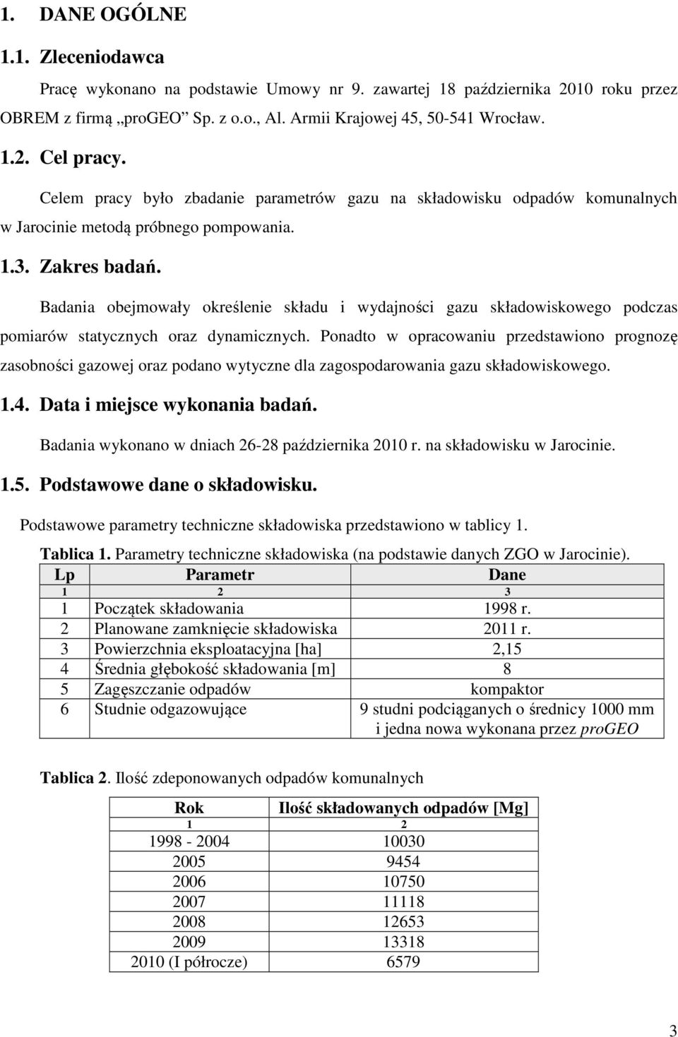 Badania obejmowały określenie składu i wydajności gazu składowiskowego podczas pomiarów statycznych oraz dynamicznych.