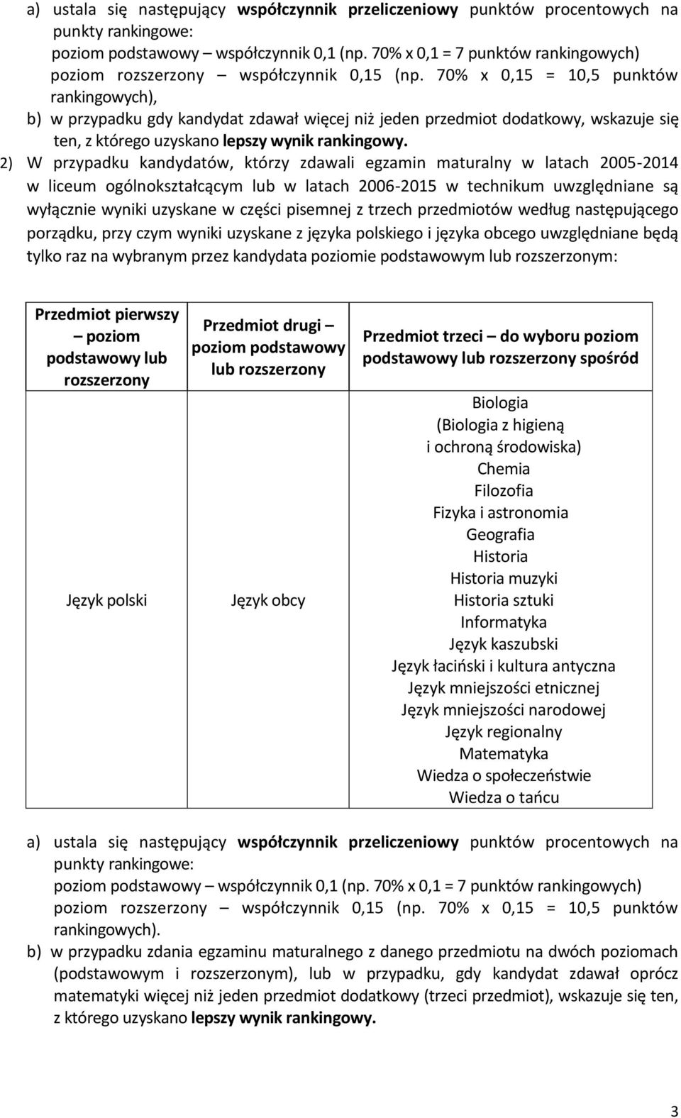 70% x 0,15 = 10,5 punktów rankingowych), b) w przypadku gdy kandydat zdawał więcej niż jeden przedmiot dodatkowy, wskazuje się ten, z którego uzyskano lepszy wynik rankingowy.