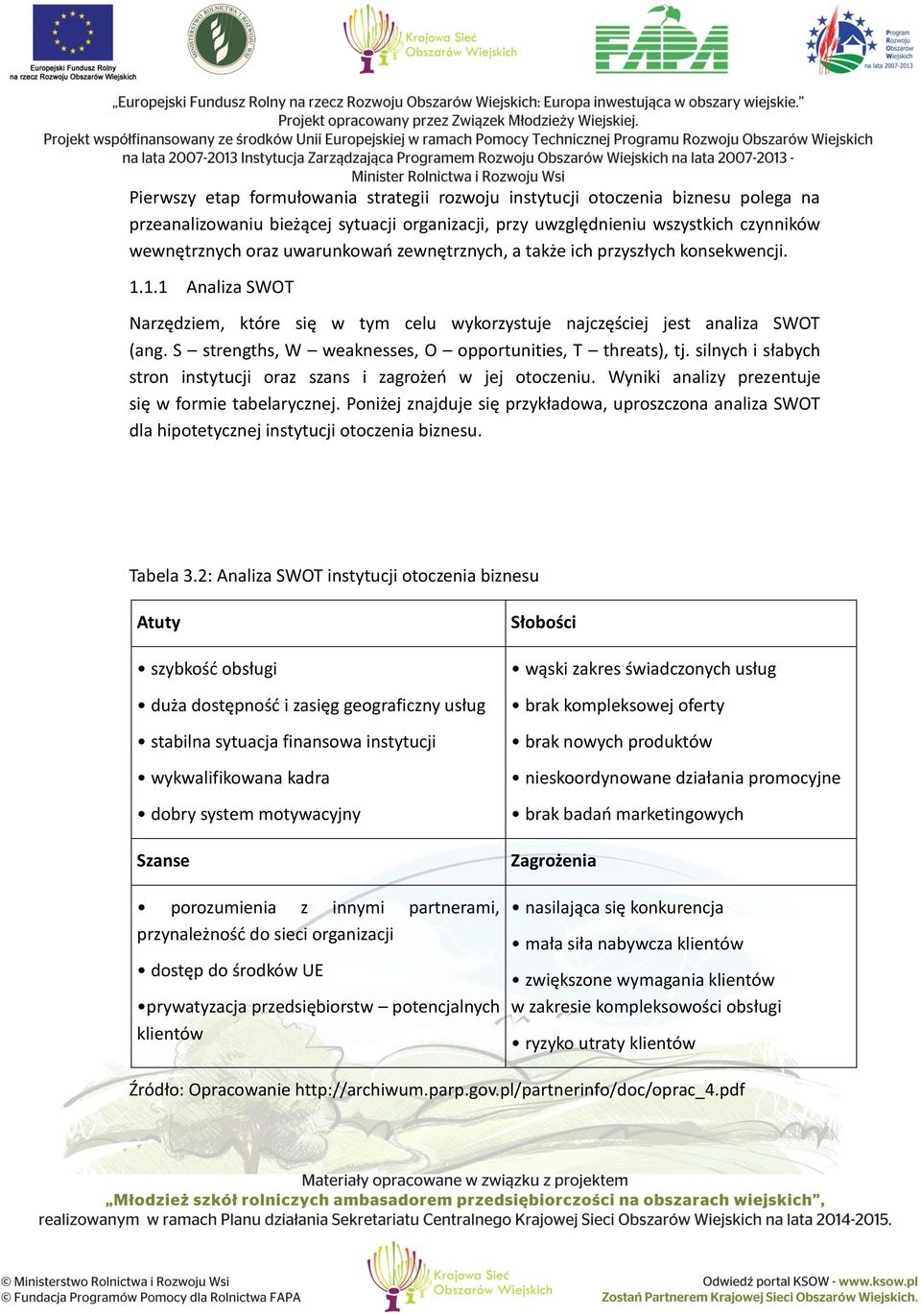 S strengths, W weaknesses, O opportunities, T threats), tj. silnych i słabych stron instytucji oraz szans i zagrożeń w jej otoczeniu. Wyniki analizy prezentuje się w formie tabelarycznej.