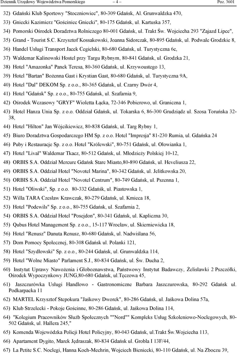 Podwale Grodzkie 8, 36) Handel Usługi Transport Jacek Cegielski, 80-680 Gdańsk, ul. Turystyczna 6c, 37) Waldemar Kalinowski Hostel przy Targu Rybnym, 80-841 Gdańsk, ul.