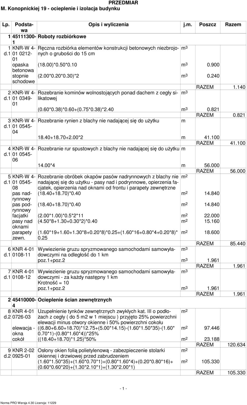 1 01 0545-08 Rozebranie koinów wolnostojących ponad dache z cegły silikatowej 3 RAZEM 1.140 (0.60*0.38)*0.60+(0.75*0.38)*2.40 3 0.821 RAZEM 0.