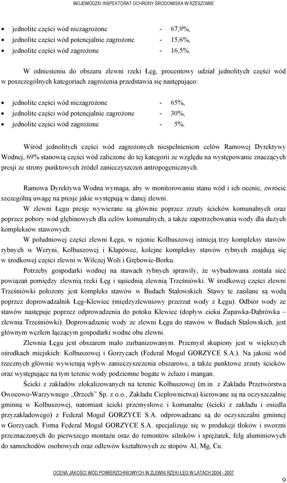 jednolite części wód potencjalnie zagrożone - 30%, jednolite części wód zagrożone - 5%.