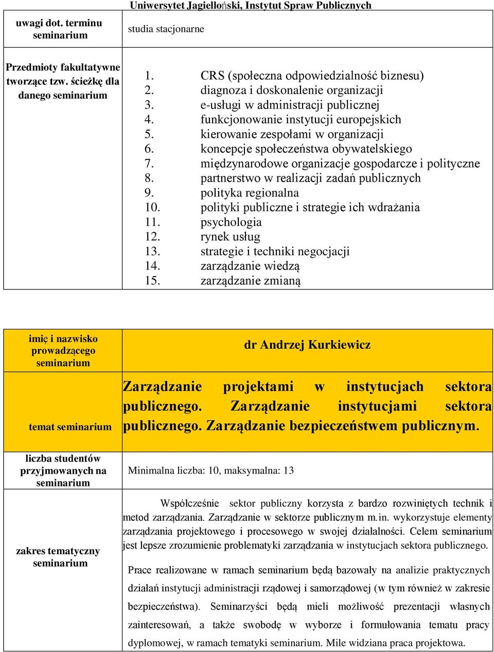 międzynarodowe organizacje gospodarcze i polityczne 8. partnerstwo w realizacji zadań publicznych 9. polityka regionalna 10. polityki publiczne i strategie ich wdrażania 11. psychologia 12.