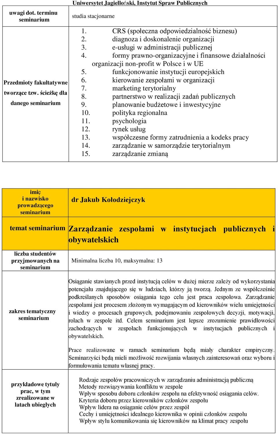 funkcjonowanie instytucji europejskich 6. kierowanie zespołami w organizacji 7. marketing terytorialny 8. partnerstwo w realizacji zadań publicznych 9. planowanie budżetowe i inwestycyjne 10.