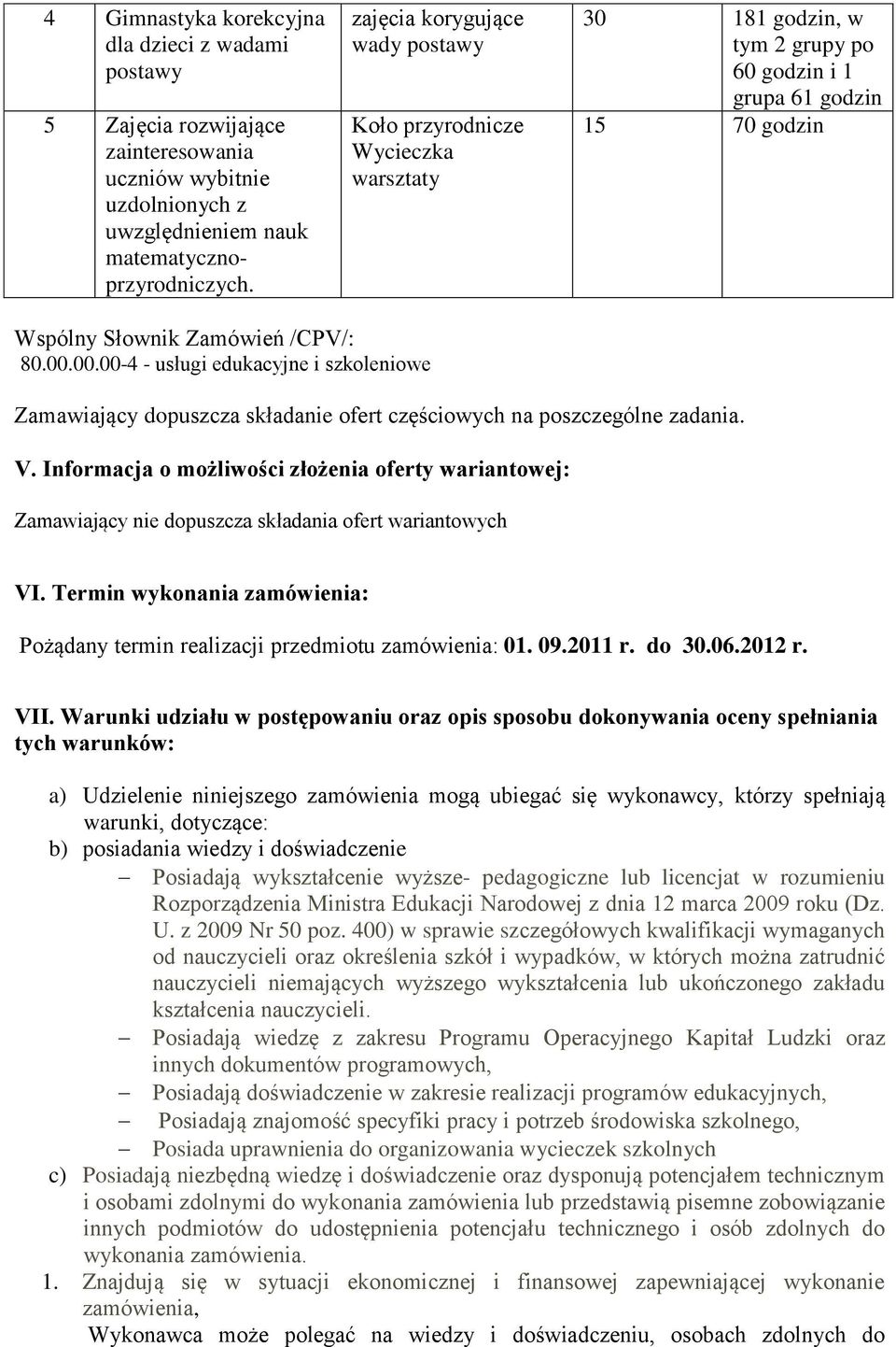 Informacja o możliwości złożenia oferty wariantowej: Zamawiający nie dopuszcza składania ofert wariantowych VI. Termin wykonania zamówienia: Pożądany termin realizacji przedmiotu zamówienia: 01. 09.