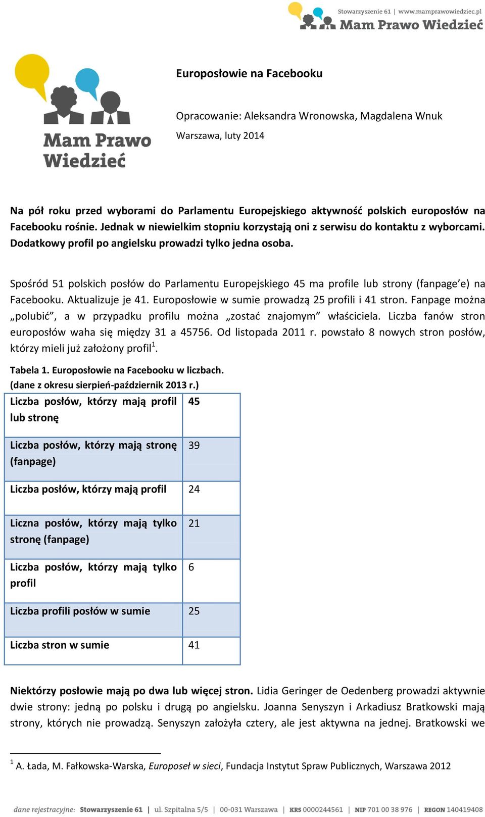 Spośród 51 polskich posłów do Parlamentu Europejskiego 45 ma profile lub strony (fanpage e) na Facebooku. Aktualizuje je 41. Europosłowie w sumie prowadzą 25 profili i 41 stron.