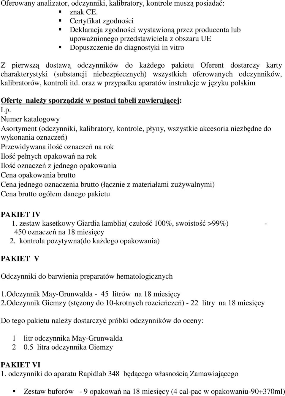 pakietu Oferent dostarczy karty charakterystyki (substancji niebezpiecznych) wszystkich oferowanych odczynników, kalibratorów, kontroli itd.