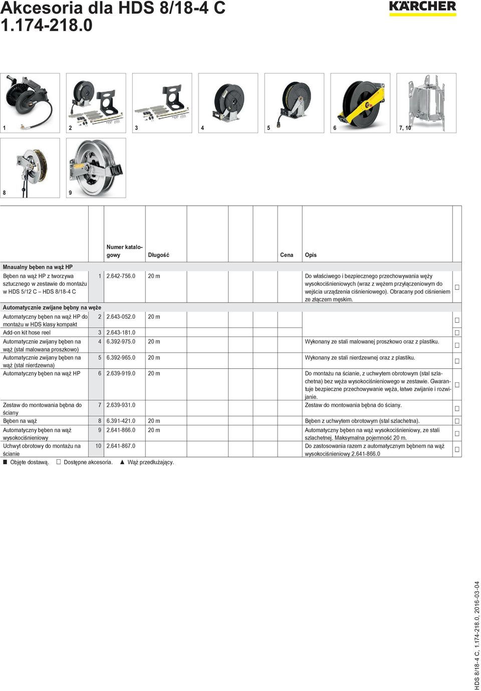 Automatycznie zwijane bębny na węże Automatyczny bęben na wąż HP do 2 2.643-052.0 20 m montażu w HDS klasy kompakt Add-on kit hose reel 3 2.643-181.0 Automatycznie zwijany bęben na 4 6.392-975.