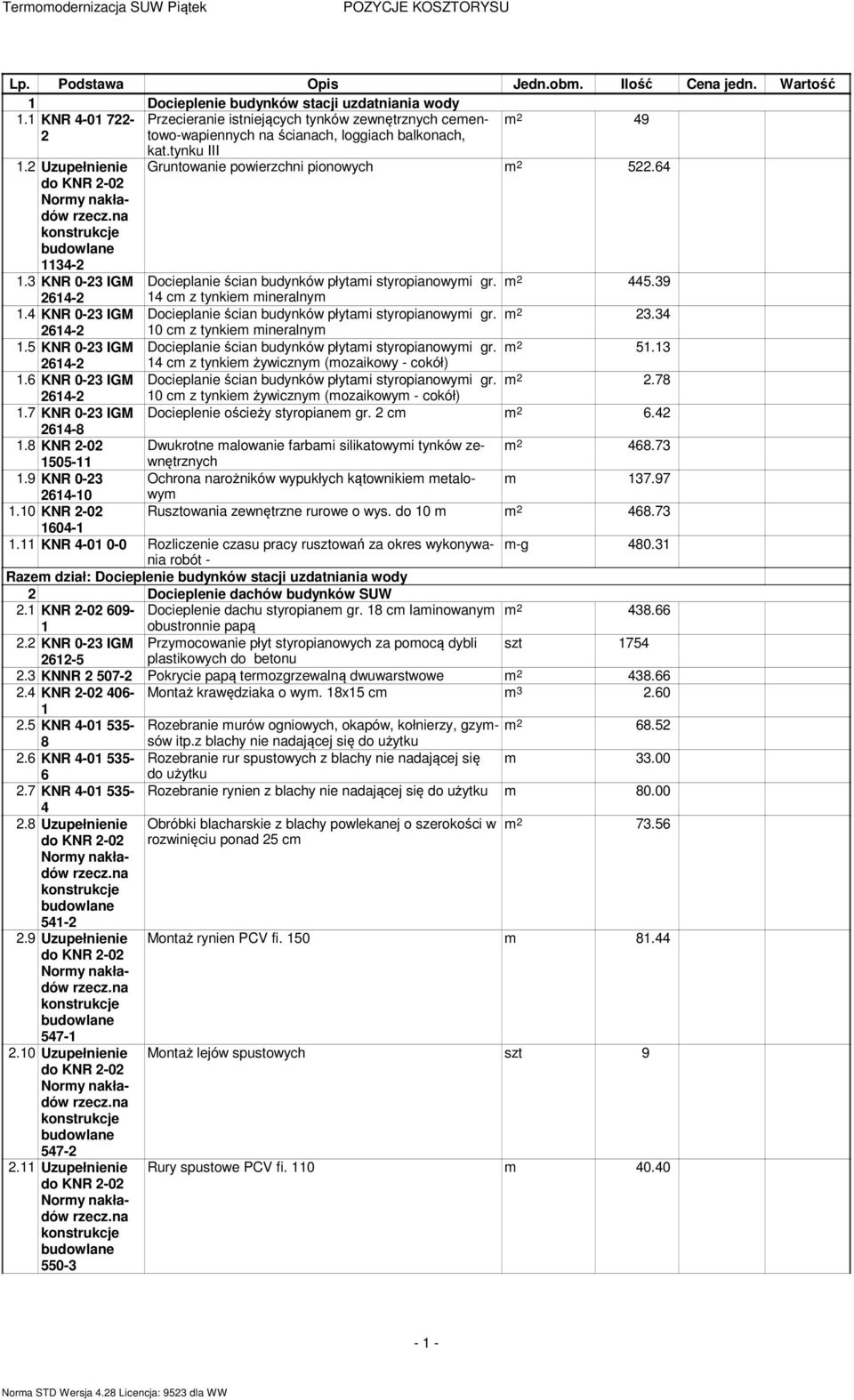 64 Docieplanie ścian budynków płytami styropianowymi gr. 4 cm z tynkiem mineralnym m 2 445.39 Docieplanie ścian budynków płytami styropianowymi gr. m 2 23.