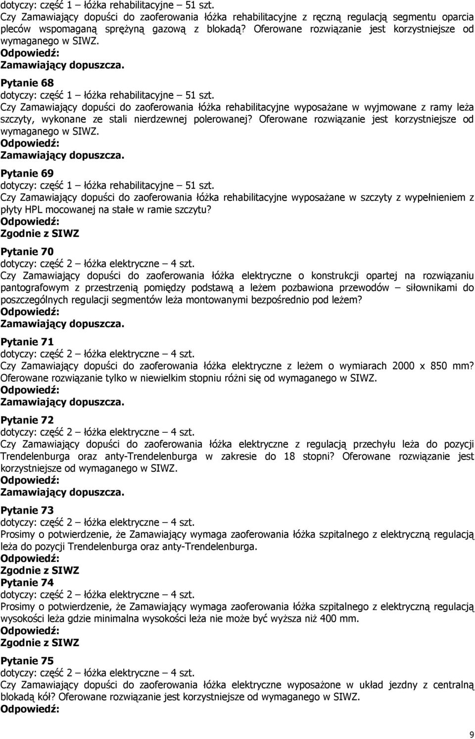 . Pytanie 68 Czy Zamawiający dopuści do zaoferowania łóżka rehabilitacyjne wyposażane w wyjmowane z ramy leża szczyty, wykonane ze stali nierdzewnej polerowanej?