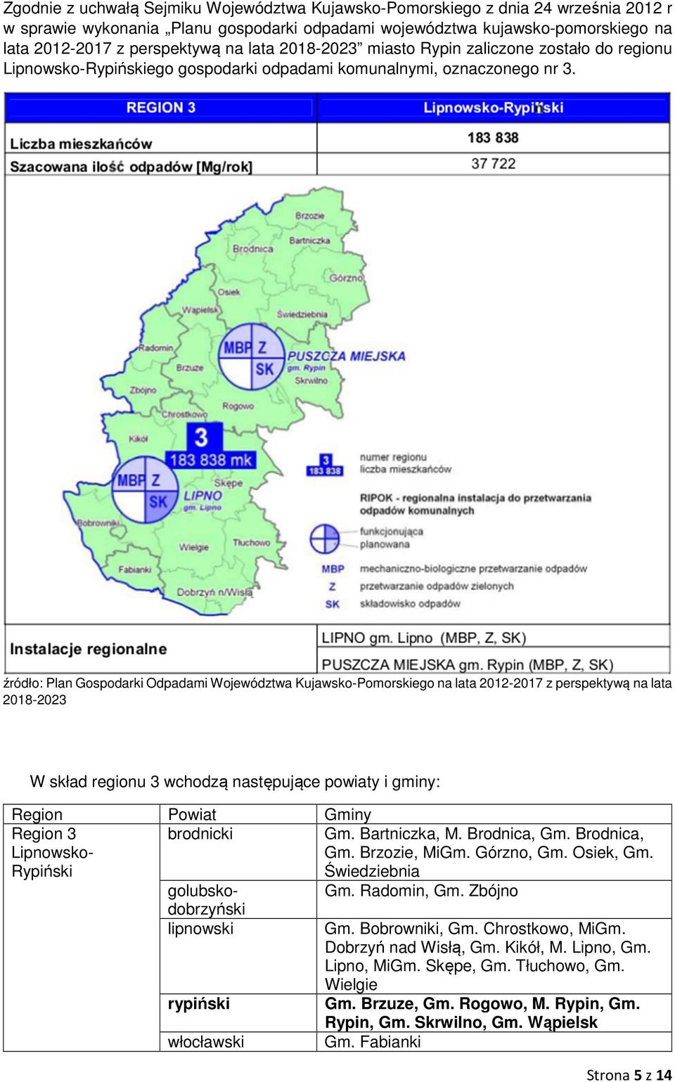 źródło: Plan Gospodarki Odpadami Województwa Kujawsko-Pomorskiego na lata 2012-2017 z perspektywą na lata 2018-2023 W skład regionu 3 wchodzą następujące powiaty i gminy: Region Powiat Gminy Region 3