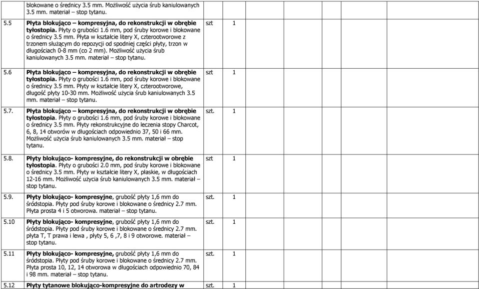 Możliwość użycia śrub kaniulowanych 3.5 mm. materiał stop tytanu. 5.6 Płyta blokująco kompresyjna, do rekonstrukcji w obrębie tyłostopia. Płyty o grubości 1.