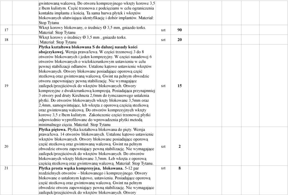 17 Wkręt korowy o średnicy Ø 3,5 mm, gniazdo torks. 18 Płytka kształtowa blokowana S do dalszej nasady kości obojczykowej. Wersja prawa/lewa.