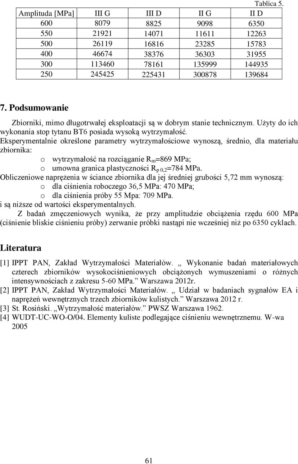 300878 139684 7. Podsumowanie Zbiorniki, mimo długotrwałej eksploatacji są w dobrym stanie technicznym. Użyty do ich wykonania stop tytanu BT6 posiada wysoką wytrzymałość.