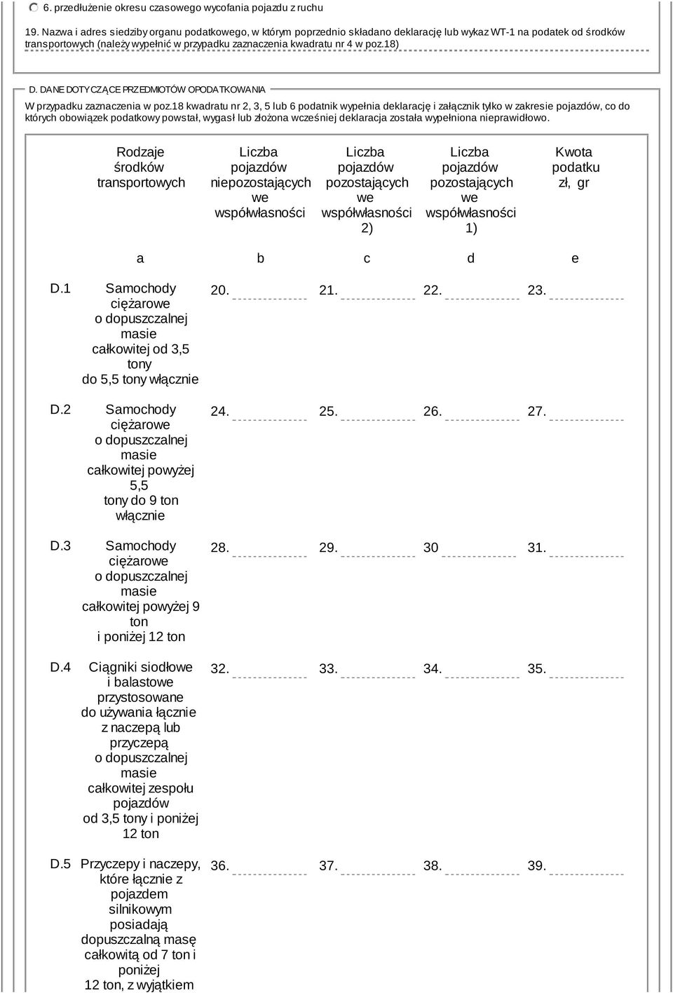 18) D. DANE DOTYCZĄCE PRZEDMIOTÓW OPODATKOWANIA W przypadku zaznaczenia w poz.