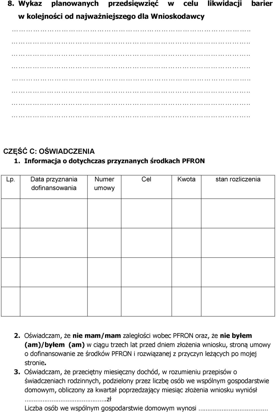 Oświadczam, że nie mam/mam zaległości wobec PFRON oraz, że nie byłem (am)/byłem (am) w ciągu trzech lat przed dniem złożenia wniosku, stroną umowy o dofinansowanie ze środków PFRON i rozwiązanej