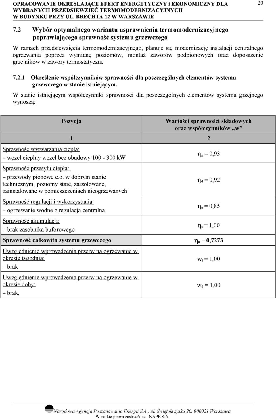 . Określenie współczynników sprawności dla poszczególnych elementów systemu grzewczego w stanie istniejącym.