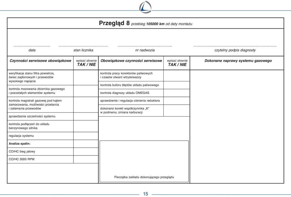 przewodów wysokiego napi cia kontrola mocowania zbiornika gazowego i pozosta ych elementów systemu kontrola pracy korektorów paliwowych i czasów otwarç wtryskiwaczy kontrola buforu b dów uk adu