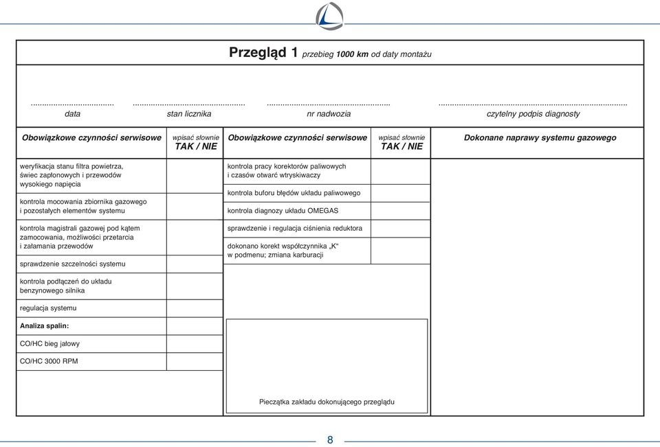 mocowania zbiornika gazowego i pozosta ych elementów systemu kontrola pracy korektorów paliwowych i czasów otwarç wtryskiwaczy kontrola buforu b dów uk adu paliwowego kontrola diagnozy uk adu OMEGAS