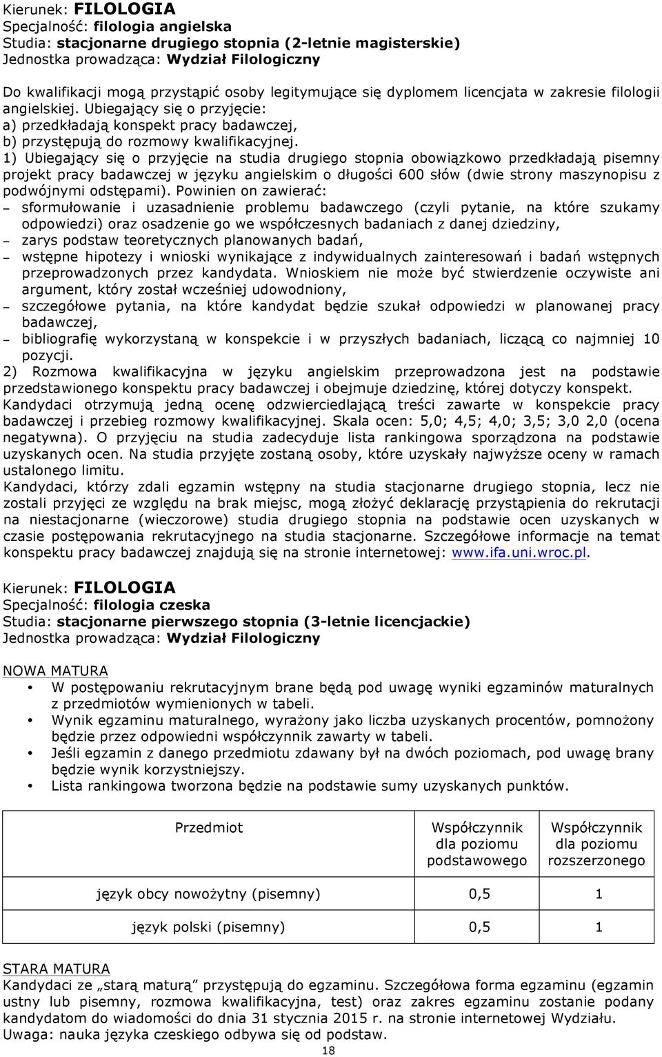 1) Ubiegający się o przyjęcie na studia drugiego stopnia obowiązkowo przedkładają pisemny projekt pracy badawczej w języku angielskim o długości 600 słów (dwie strony maszynopisu z podwójnymi