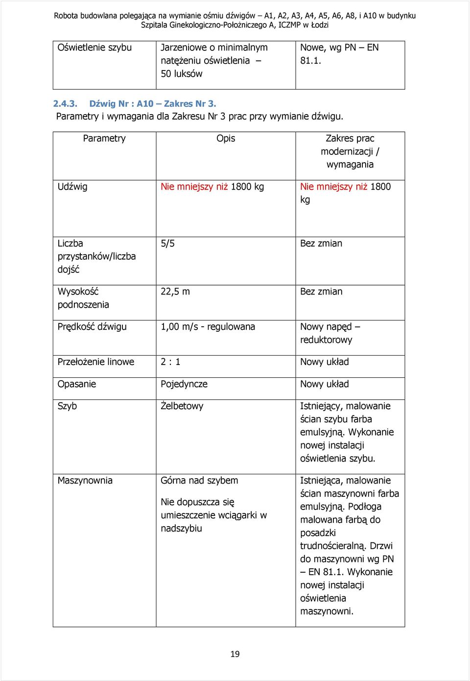 Prędkość dźwigu 1,00 m/s - regulowana Nowy napęd reduktorowy PrzełoŜenie linowe 2 : 1 Nowy układ Opasanie Pojedyncze Nowy układ Szyb śelbetowy Istniejący, malowanie ścian szybu farba emulsyjną.