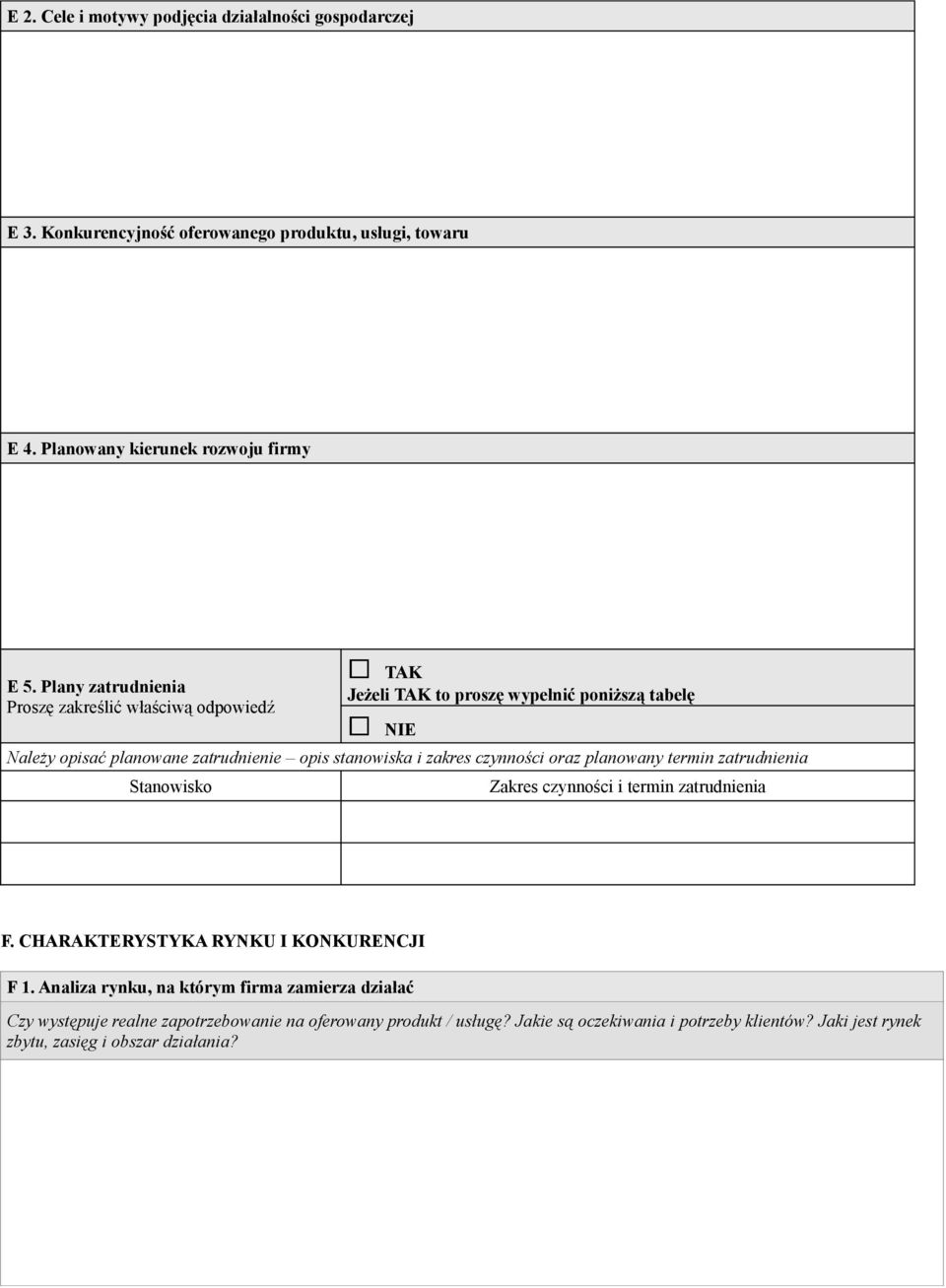 zakres czynności oraz planowany termin zatrudnienia Stanowisko Zakres czynności i termin zatrudnienia F. CHARAKTERYSTYKA RYNKU I KONKURENCJI F 1.