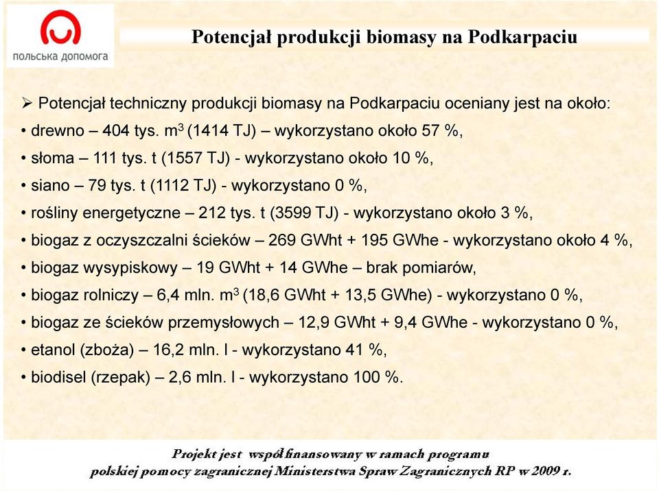 t (3599 TJ) - wykorzystano około 3 %, biogaz z oczyszczalni ścieków 269 GWht + 195 GWhe - wykorzystano około 4%, biogaz wysypiskowy 19 GWht + 14 GWhe brak pomiarów, biogaz