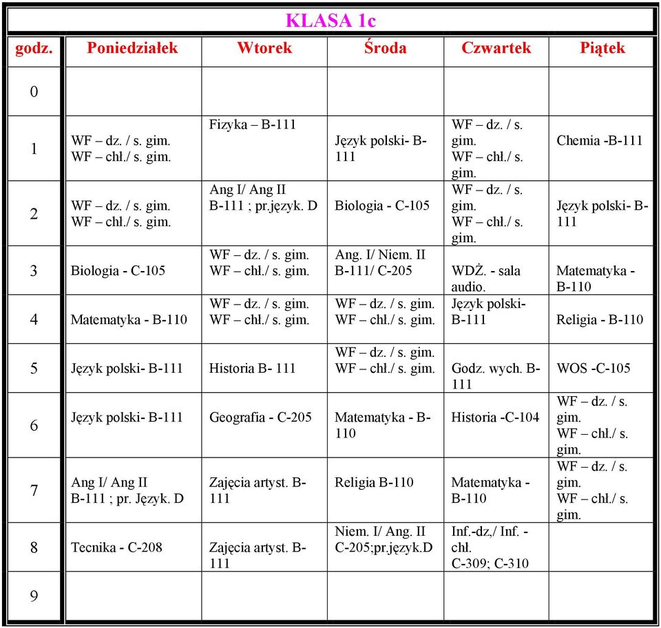 B- Język polski- B- Religia - B- Język polski- B- Historia B- Język polski- B- Geografia - C- - B- Ang I/ Ang II B- ; pr. Język. D Zajęcia artyst. B- Tecnika - C- Zajęcia artyst. B- WF dz. / s. gim.