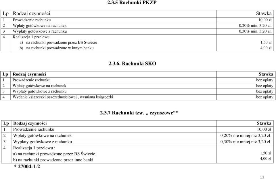 Rachunki SKO Lp Rodzaj czynności Stawka 1 Prowadzenie rachunku 2 Wpłaty gotówkowe na rachunek 3 Wypłaty gotówkowe z rachunku 4 Wydanie książeczki oszczędnościowej, wymiana książeczki 2.3.7 Rachunki tzw.