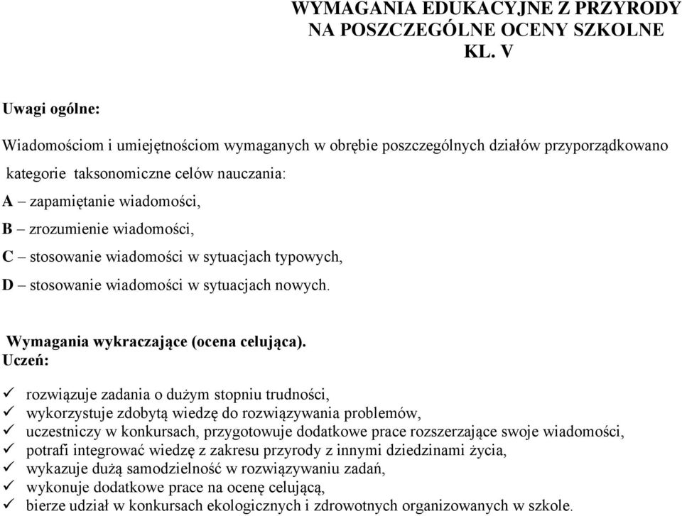 wiadomości, C stosowanie wiadomości w sytuacjach typowych, D stosowanie wiadomości w sytuacjach nowych. Wymagania wykraczające (ocena celująca).